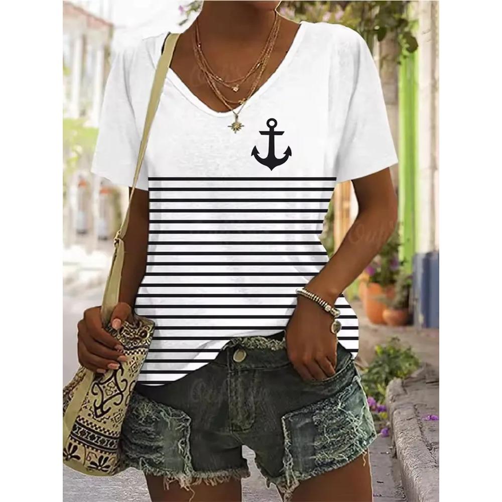 Stripe Printed T-shirt Fashionable Loose Short Sleeved Round Neck Versatile Comfortable Women's V-neck T-shirt