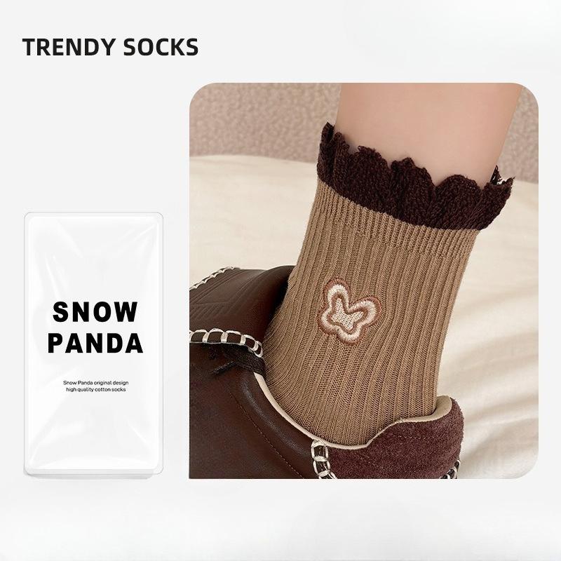 Coffee-colored Socks - Spring and Autumn Puppy Candy Lace Piled Socks for Women, Mid-length Women's Socks