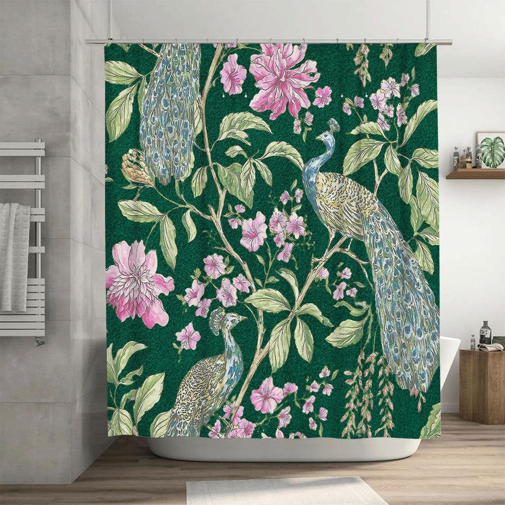 Peacock Floral Green Bath Mat Shower Curtain Decorative Home Textile Waterproof Decoration for Bathroom Pink Flowers Pattern 3D