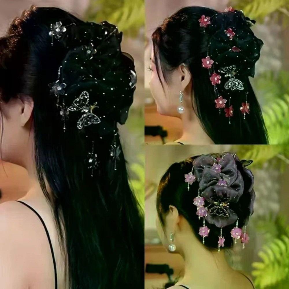 A and B sides Shark Clip Mesh Flower Claw Clip Gifts Butterfly Flower Tassel Hair Claw