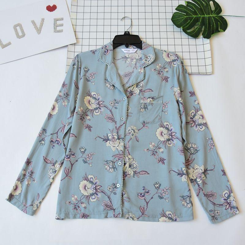 Foreign Trade Women Rayon Printing Long Sleeve Pajamas Top Summer and Autumn Thin Breathable Casual Cardigan Home Wear Can Be Worn Outside