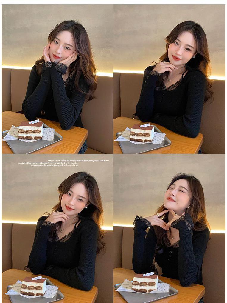 Lace-Trim Patchwork Knit Sweater: Women's Slim-Fit Low Collar Top for Autumn & Winter.
