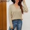 BITCED Women's Autumn/Winter Striped Sweater Casual Oversized Long-Sleeved Minimalist Pullover Knit Base Layer