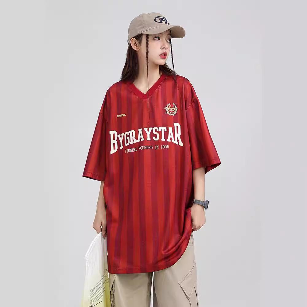 Unisex Street Sports Vertical Stripe V-neck T-shirt