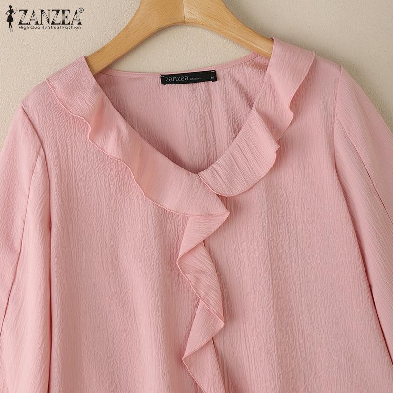 ZANZEA Womens Summer V-Neck 3/4 Sleeve Loose Ruffles Blouse