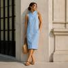 Women's Mandarin Collar Sleeveless Linen Blend Midi Dress Loose Fit Casual Straight Shirt Dress