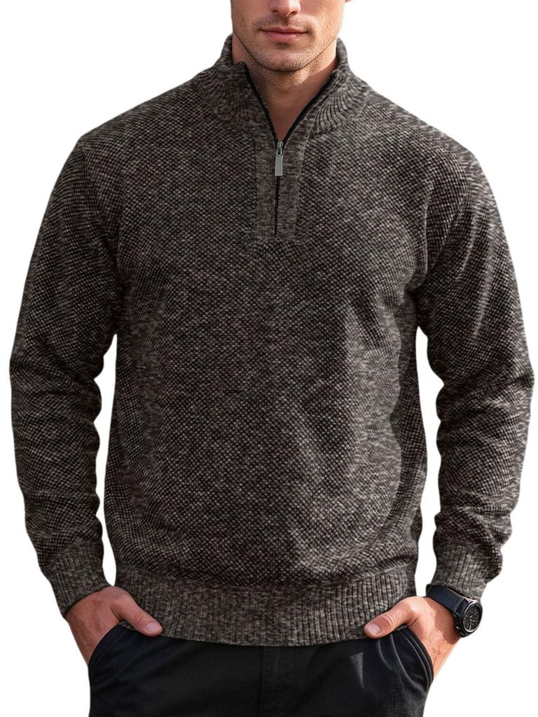 Men's Quarter-Zip Stand Collar Knit Sweater with Textured Geometric Pattern - Casual Long Sleeve Pullover Top for Fall Winter Layering.