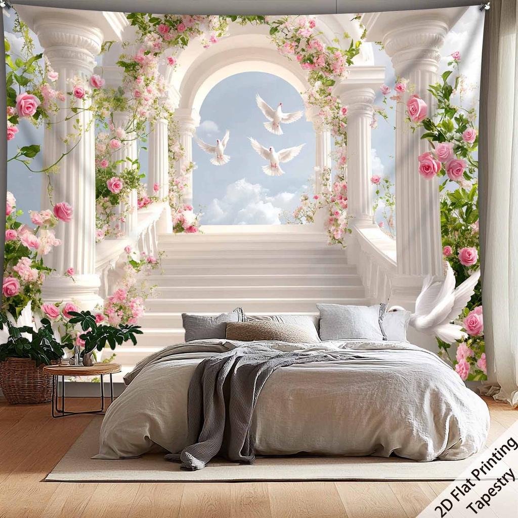White staircase roses pigeons Digital printing polyester wall tapestry suitable for use in living rooms offices bars and party