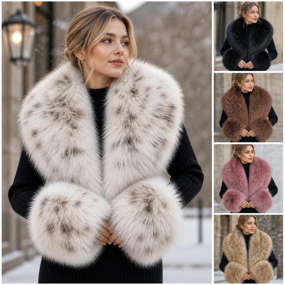 V Shape Faux Fur Collar Set Oversized Shawl Collar Wrap Warm Fur Cuff Set Overcoat Matching