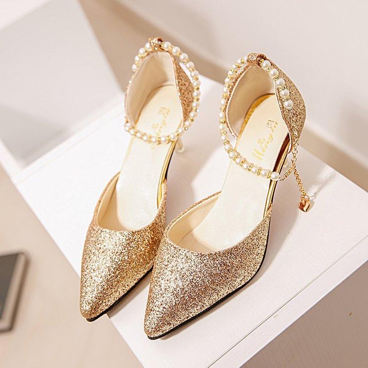 

Summer new women s beaded one-word buckle women s shoes with sequins pointed thin heels women s sandals manufacturer 39 золотий
