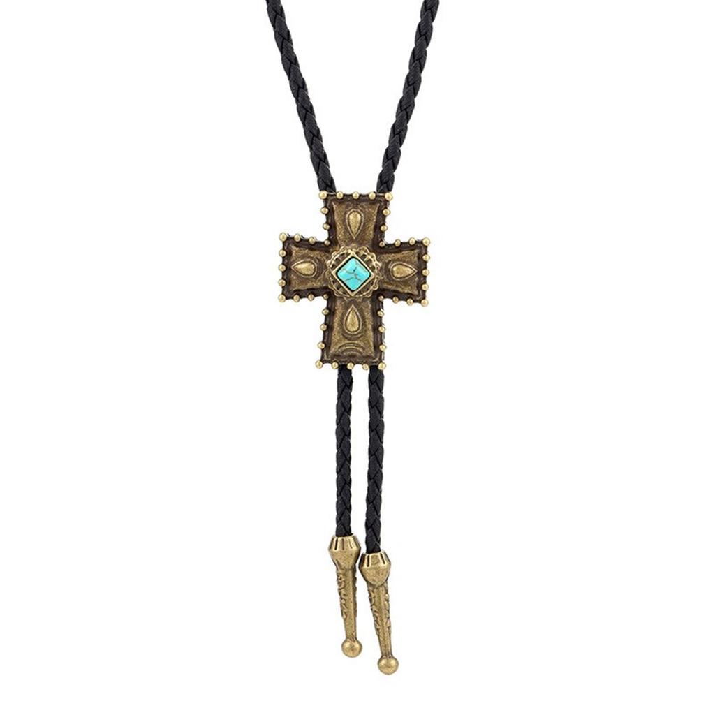 Vintage Faux Leather Cord Bolo Tie with Turquoises Crosses Pendant Adjustable Chain Necktie Necklace for Western Fashion