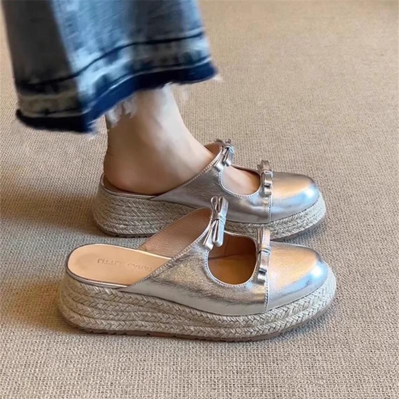New Chinese Style Retro Thick Bottom Straw Woven Bag Head Bow Cool Slippers 2025 Summer New Wear Half Slippers Women