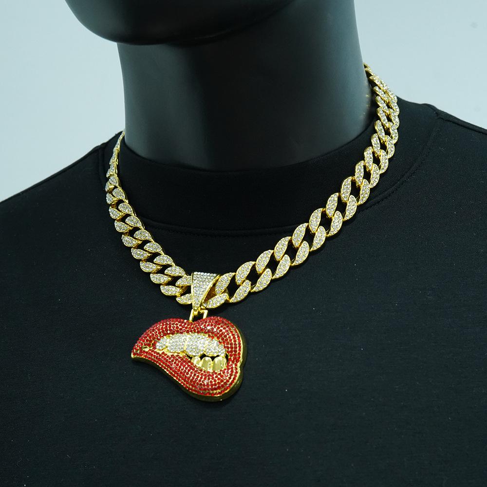 Colorful Diamond Lip Bite Pendant Hip Hop Cuban Chain Necklace