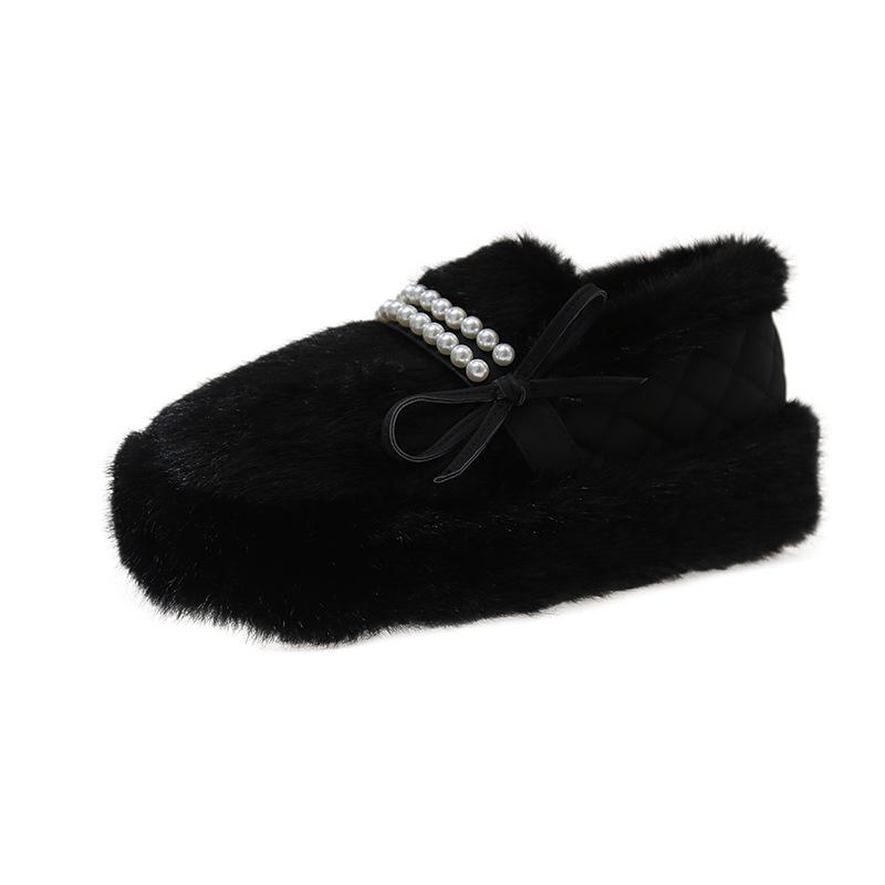 Plush Thick-soled Fluffy Shoes for Women's Outer Wear 2025 New Winter Pearl Bow Small Fragrant Soft-soled Cotton Shoes