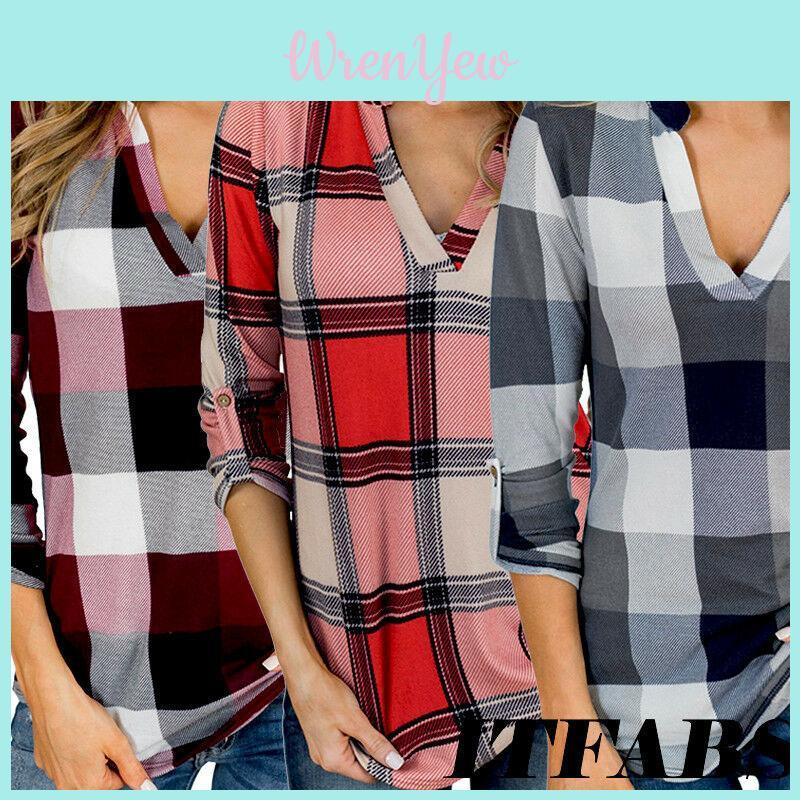 Women Vintage V-neck Loose Tops Long Sleeve Stylish T-shirt With Plaid Casual Design