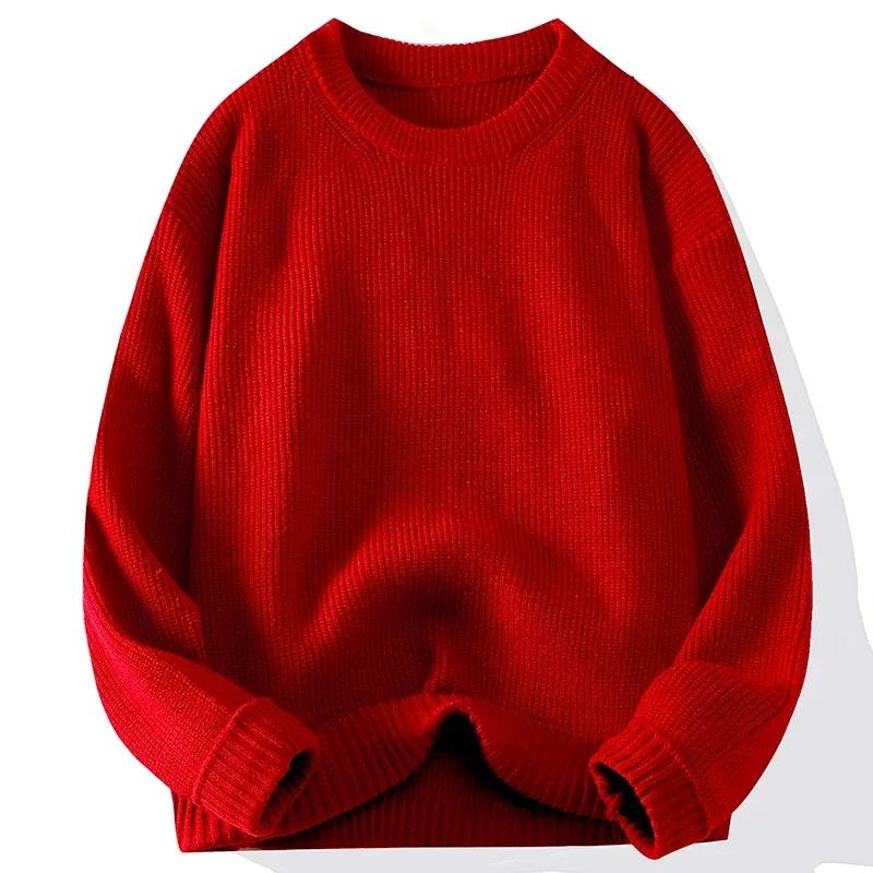 Men's Crew Neck Sweater Solid Color Trend Thickened Knitwear Autumn and Winter Casual Warm Sweater Men's Long Sleeve Vest