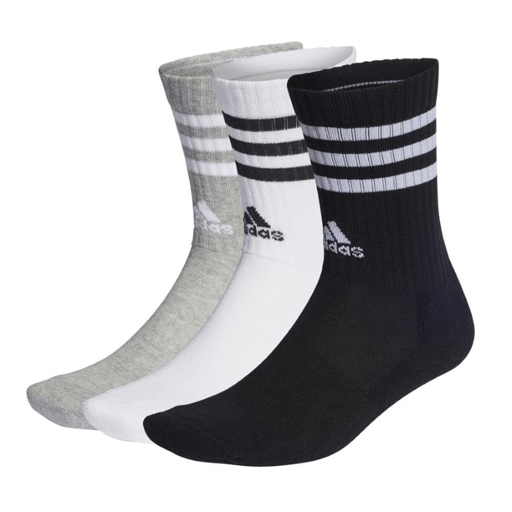 Adidas Cushion Crew Medium Gray Size L 3-Stripes Socks, 3-Pair Set, EBB67, Men's, Heather/White/Black/White (IC1323),