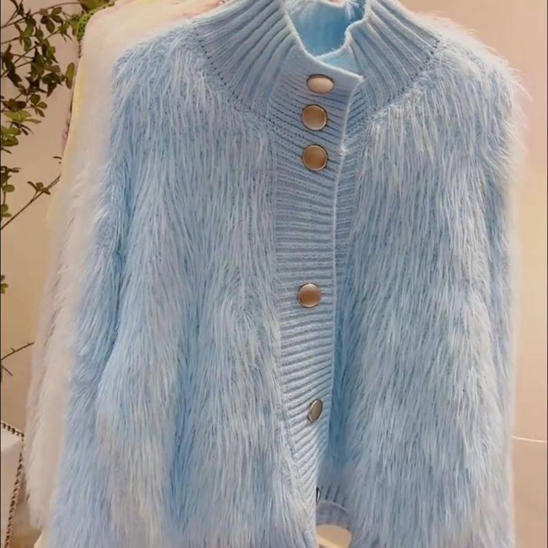 

Ленивый Стиль Вязаный Свитер Женский Осень Высокая Горловина Кардиган из Искусственного Норкового Меха Корейская Мода XXL синий