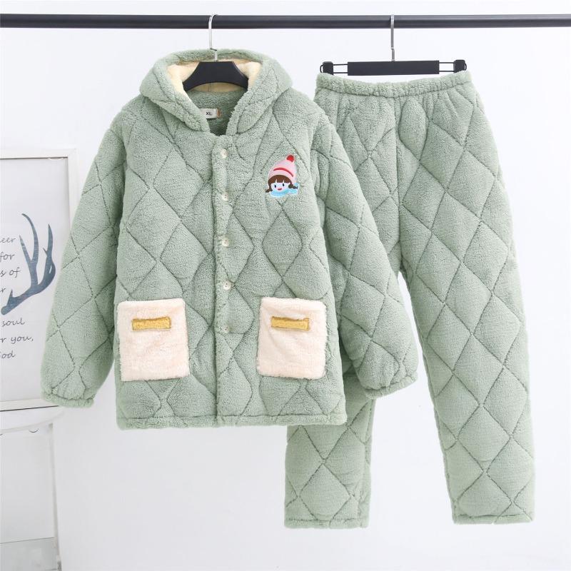 Coral fleece women's pajamas three-layer padded cotton thickened pregnancy postpartum breastfeeding set thermal loungewear