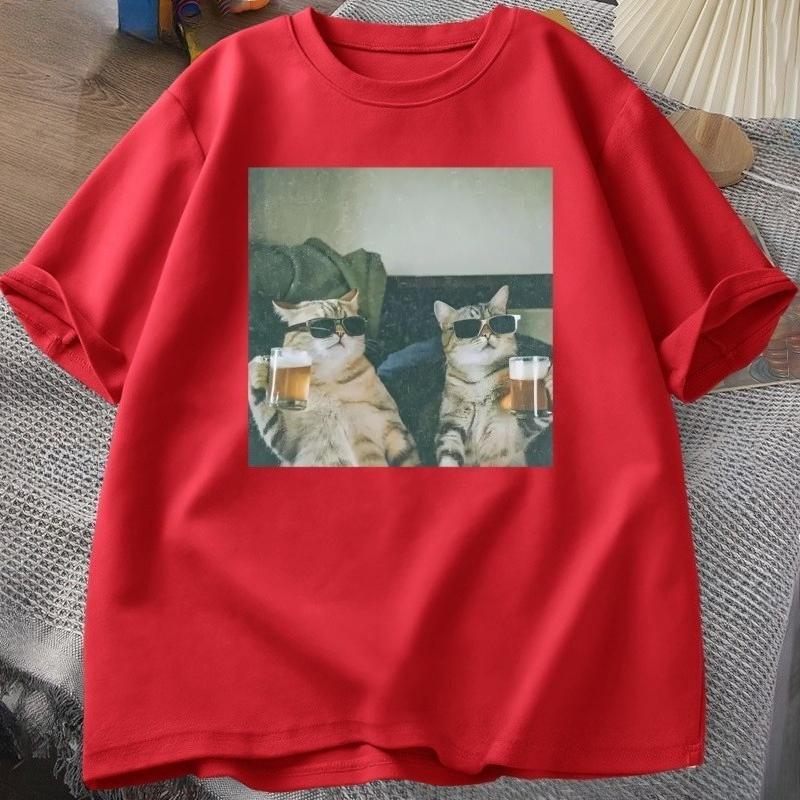 2026 Hot Sale Funny Cool Cat Drinking Beer T-shirt Casual Cotton Short Sleeve T Shirt Men Women Clothes Harajuku Round Neck Men's Designer Tops Tee