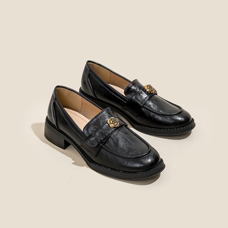 

Camellia black retro loafers, muffin thick-soled British-style small leather shoes, flat-soled single shoes women s shoes 35 чорний