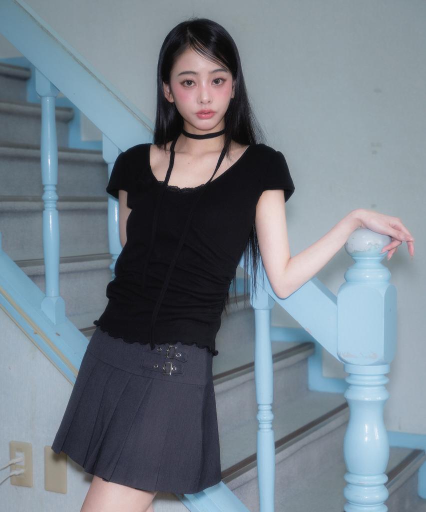 ROSEFRANTZ Corsage Shirring T-Shirt [Black]