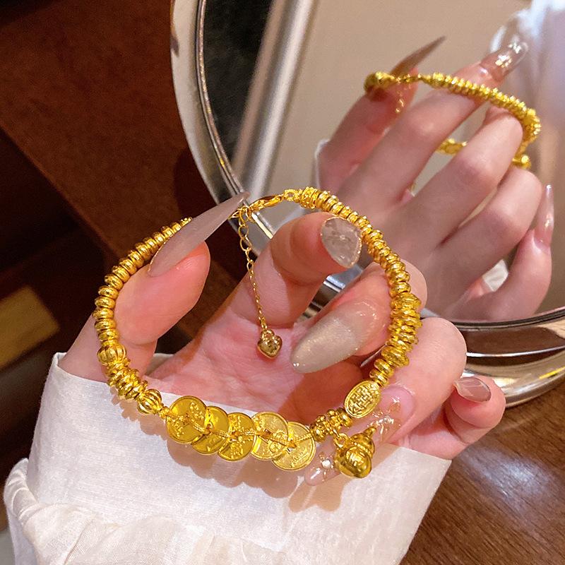 Brushed Gourd Coin Pendant Bracelet for Women Exquisite Retro Gold-Color Bead Bracelet Chinese Style Versatile Jewelry Gift 2025