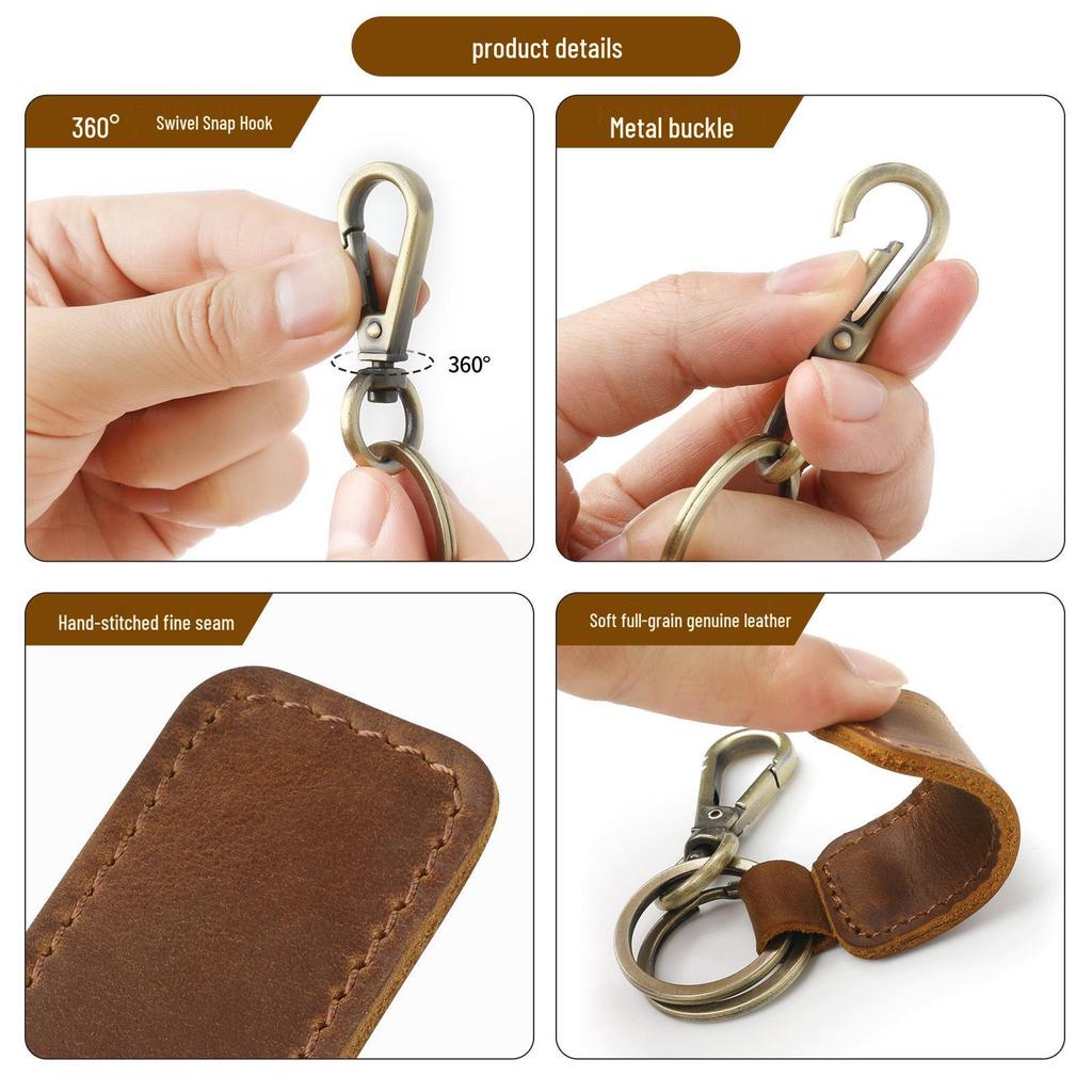 Genuine Crazy Horse Leather Double Circle Retro Handmade Keychain