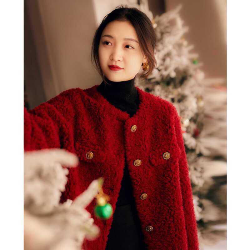 Women s Wine Red Short Jacket with Pockets - Autumn/Winter Small Size, Round Neck, Thickened Fragrance Style S