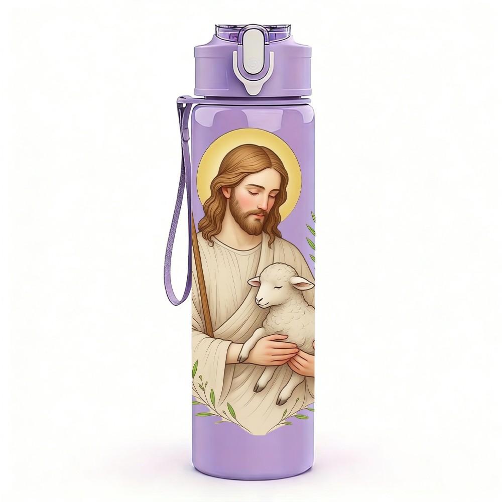 1PC Saint Man Holding Lamb Print 750ml Color Plastic Sports Water Bottle Leakproof Flip Straw Lid Suitable for Sports Office Home Use