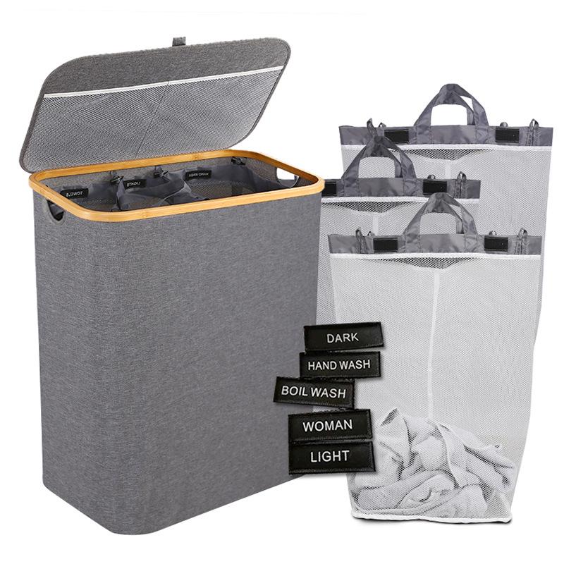 Foldable Bamboo Laundry Basket with Lid and Inner Bag for Bedroom or Bathroom