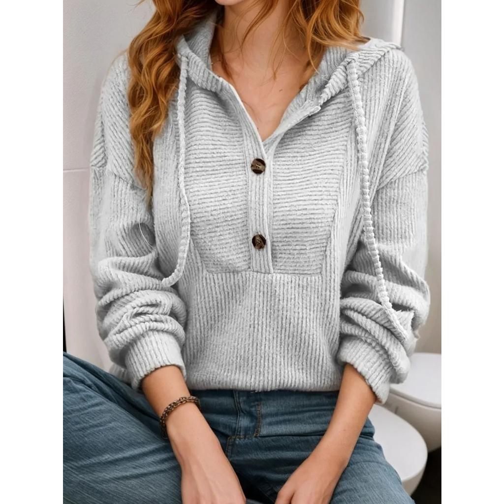 Women's Hoodie, Casual Ribbed Dropped Shoulder Long Sleeve Pullover Tops, European American Style for Crossborder