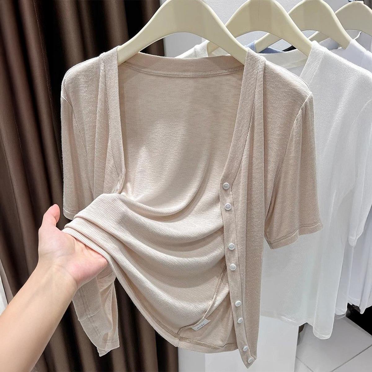 

2026 Summer Fashion Simple Short-Sleeve V-Neck Casual Solid Color Women s Top S хаки