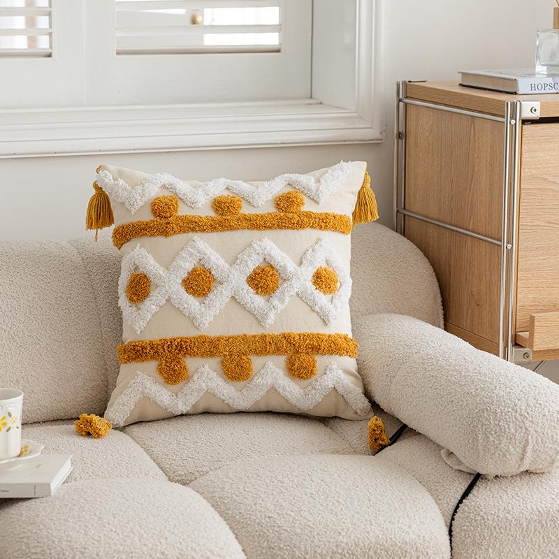 New Sofa Tufted Lumbar Pillow Cushion Pillow Three-dimensional Embroidered Tassel Bedroom Tatami Decorative Pillow Case