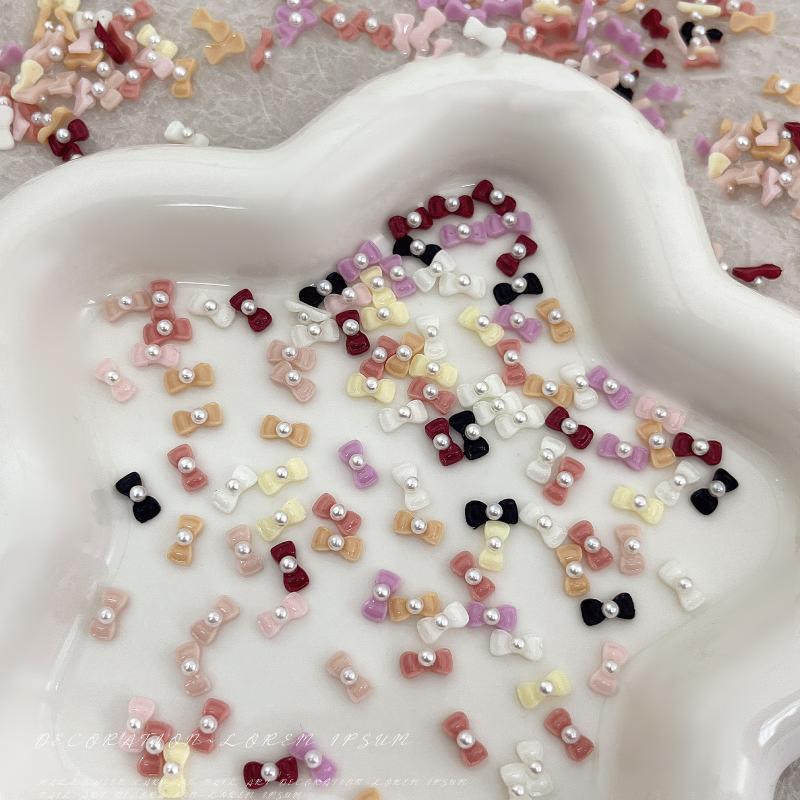 20Pcs Solid Color Minimalist Pearl Bows Nail Charms Bowknots Mini Resin Rhinestones Inlaid Nail Art Decorations For DIY Manicure