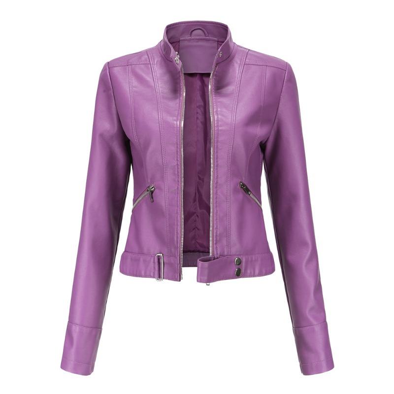 

New Leather Jacket Women s Short Coat Spring and Autumn Stand-up Collar Women s Leather Jacket Women s Thin Leather Coat 3XL лавандовий