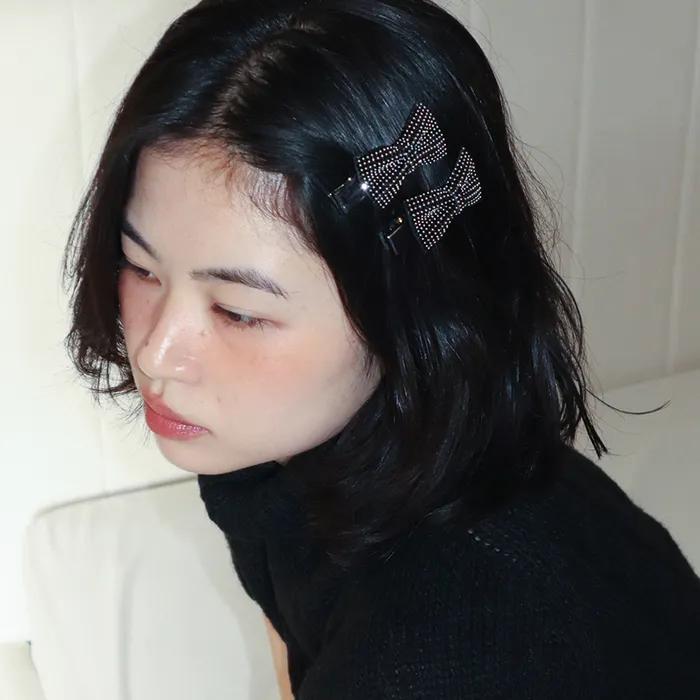 [2set] Bow Cubic Hair Pin - Black
