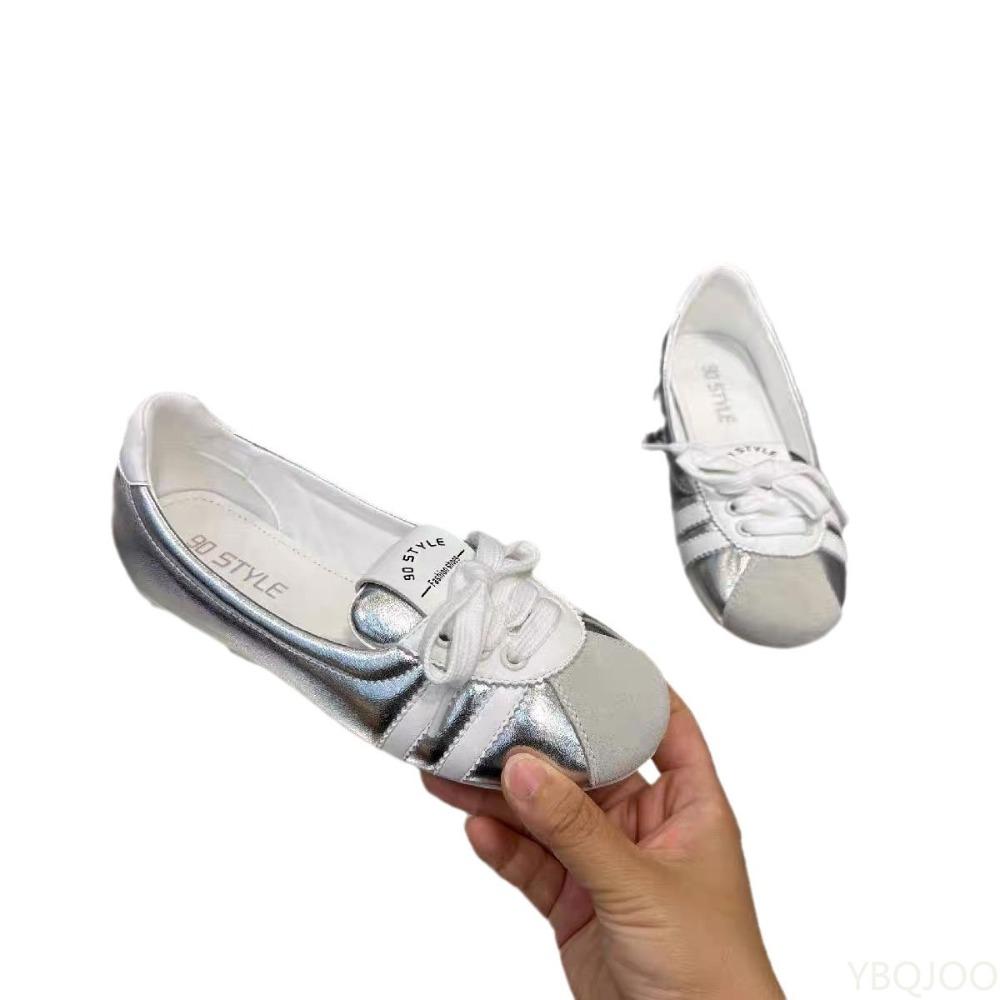 summer fashion shallow silver lace up flat shoes comfortable and breathable casual dress round toe women's board shoes
