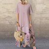 Women Vintage Fake Two Piece Dress Floral Print Short Sleeve  Long Dress