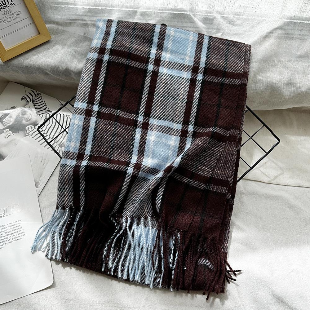 

Рождественский клетчатый шарф из имитации кашемира, женский зимний теплый шарф-шаль с бахромой, универсальный шарф для студентов высокого класса 200*65cm