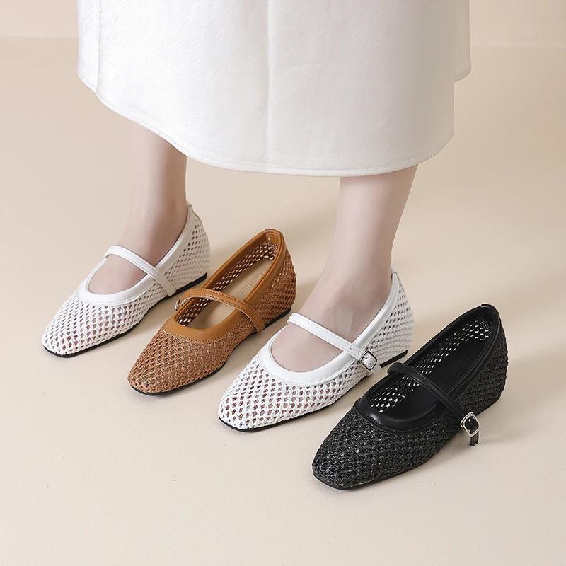 Fashion Retro 2025 New Women's Casual Flats Summer Mary Jane Flats Square Toe Mesh Buckle Strap Comfortable Solid Soft Sole Shoes Ladies