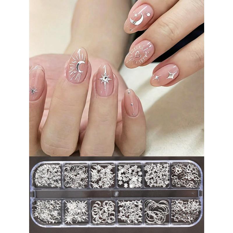 12 Grids Gold Moon Star Metallic Nail Charms 3D Y2K Jewelry Rhinestones Steel Ball Nail Art Decoration Manicure Supply Diy Nail Supplies