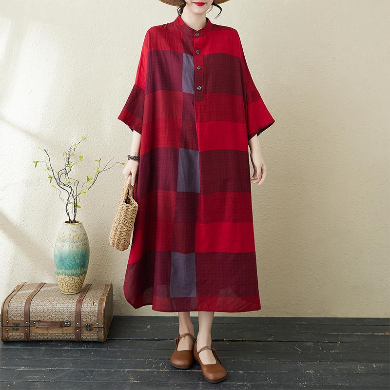 

DIMANAF 2025 Новое Женское Платье Большого Размера Весна Лето Повседневное Винтажное Длинное Платье Свободное Полосатое Макси Базовое One Size красный