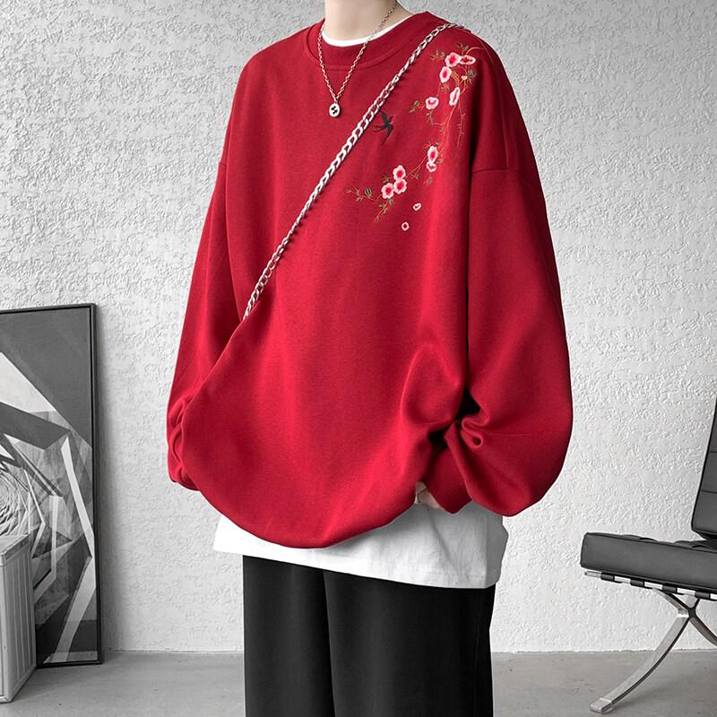 Chinese Style Pull On Sweatshirts Men Fashion Embroidery Casual Hoodie Male Round Neck Loose Spring Autumn Streetwear Tops