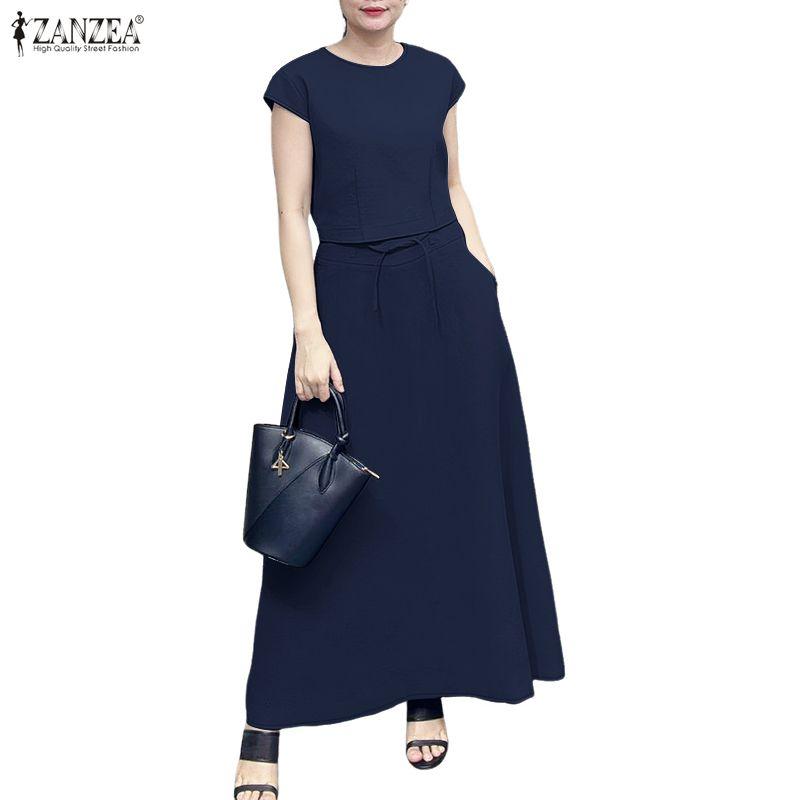 ZANZEA Bluză cu mânecă scurtă și fuste lungi pentru femei Seturi de costume casual din două piese