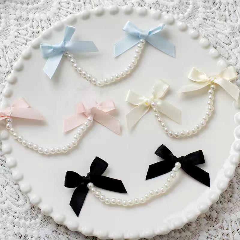 2Pcs Bows Pearl Chain Patch Accessories long streamers Ribbon DIY Lolita Dresses Clothing Accessories