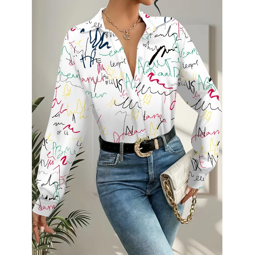 Ladies Elegant Long Sleeve Shirt - Color Letter Print, Single Breasted, Casual Chic Style