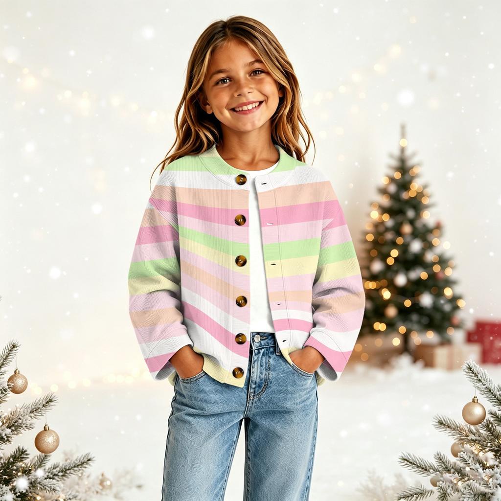 Girls' Fashion Button-Front Cardigan with Cute Print, Casual Open Front Sweater for Everyday Wear