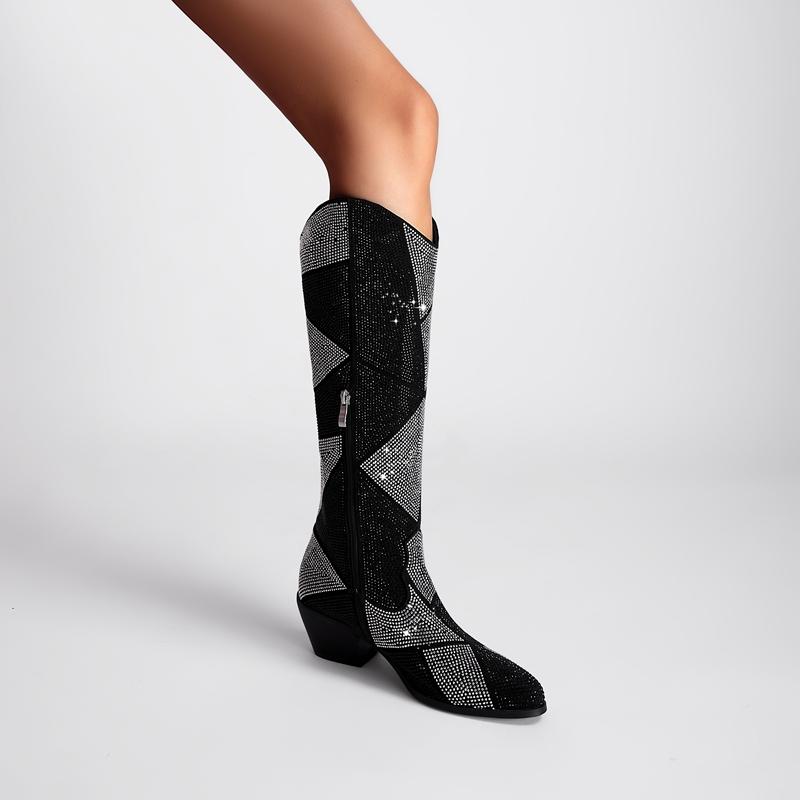 Fashion Kaky's New Water Diamond Thick High Heel Round Head Large Size Women's Boots High Barrel Boots Long Knee Length Boots