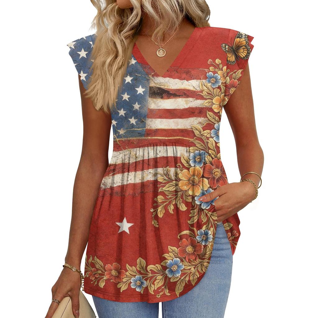 Hauts pour femmes T-shirt à manches courtes tendance col en V manches à volants Blouses professionnelles